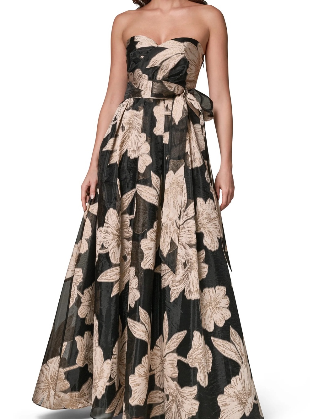 Donna Karan Black Strapless Floral Ball Gown with Cream Blooms